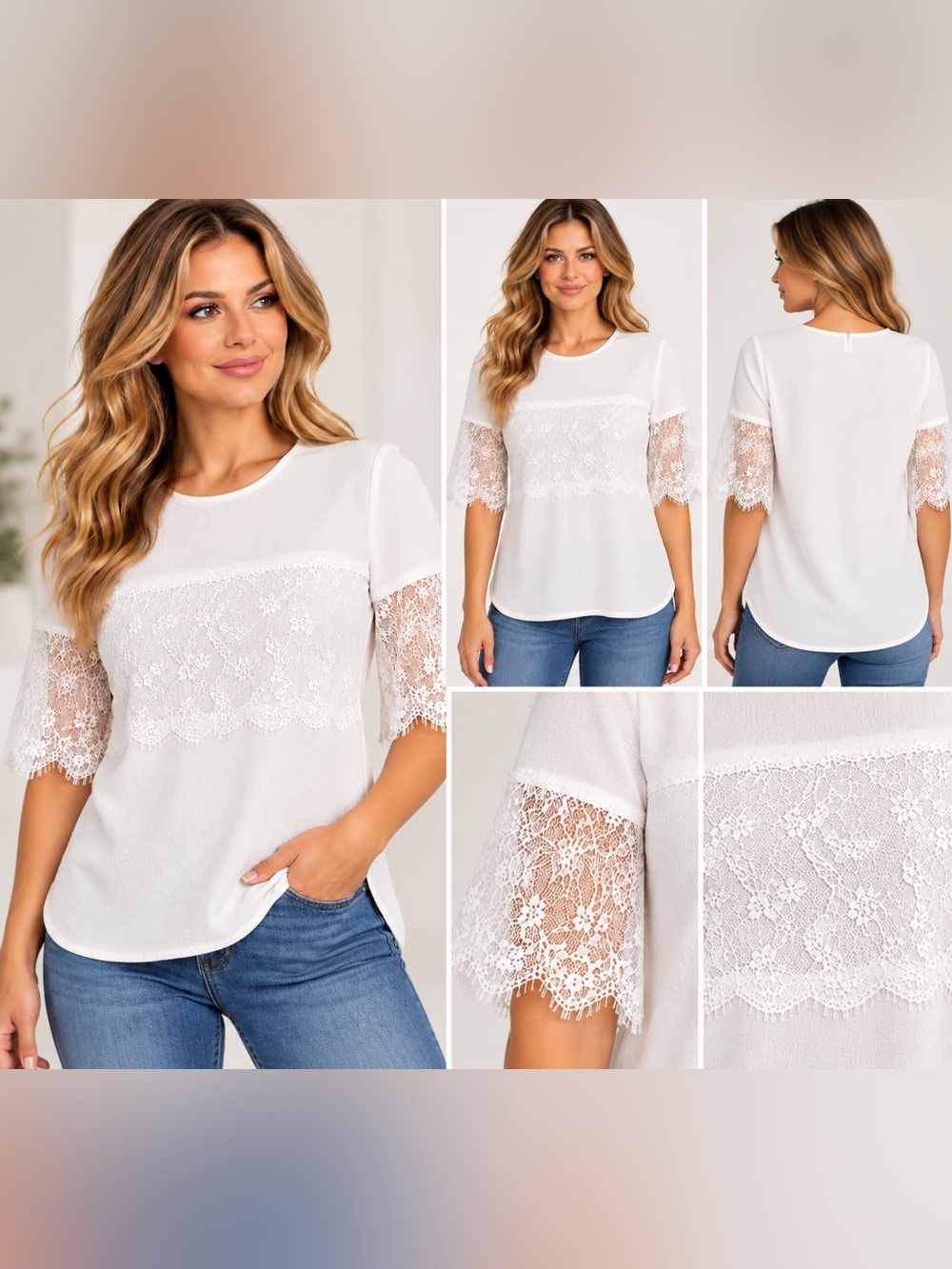 Zara Women's White Lace Sleeve Blouse - Elegant Crewneck Top Size Small
